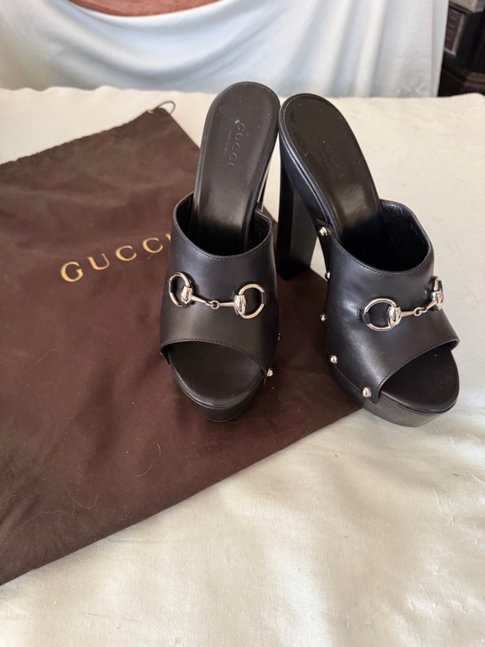 Gucci Black Leather Horsebit Studded Platform Mules